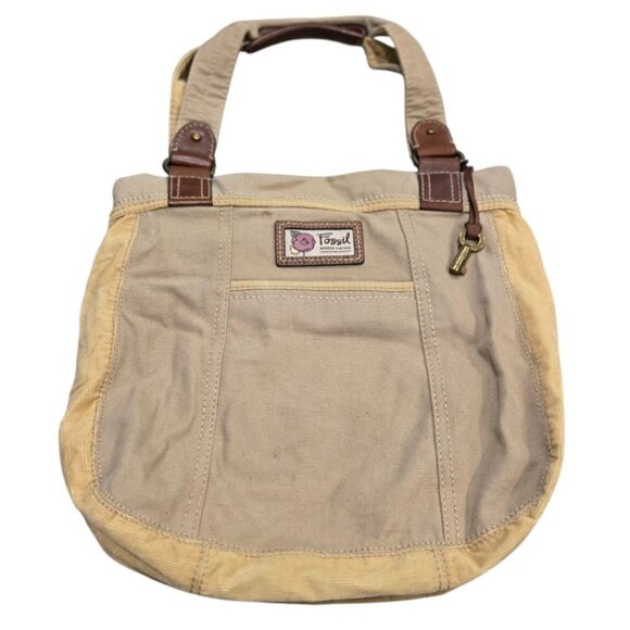 Fossil Modern Vintage Canvas & Leather Tote Bag Multiple Pockets Key Charm - Picture 4 of 11